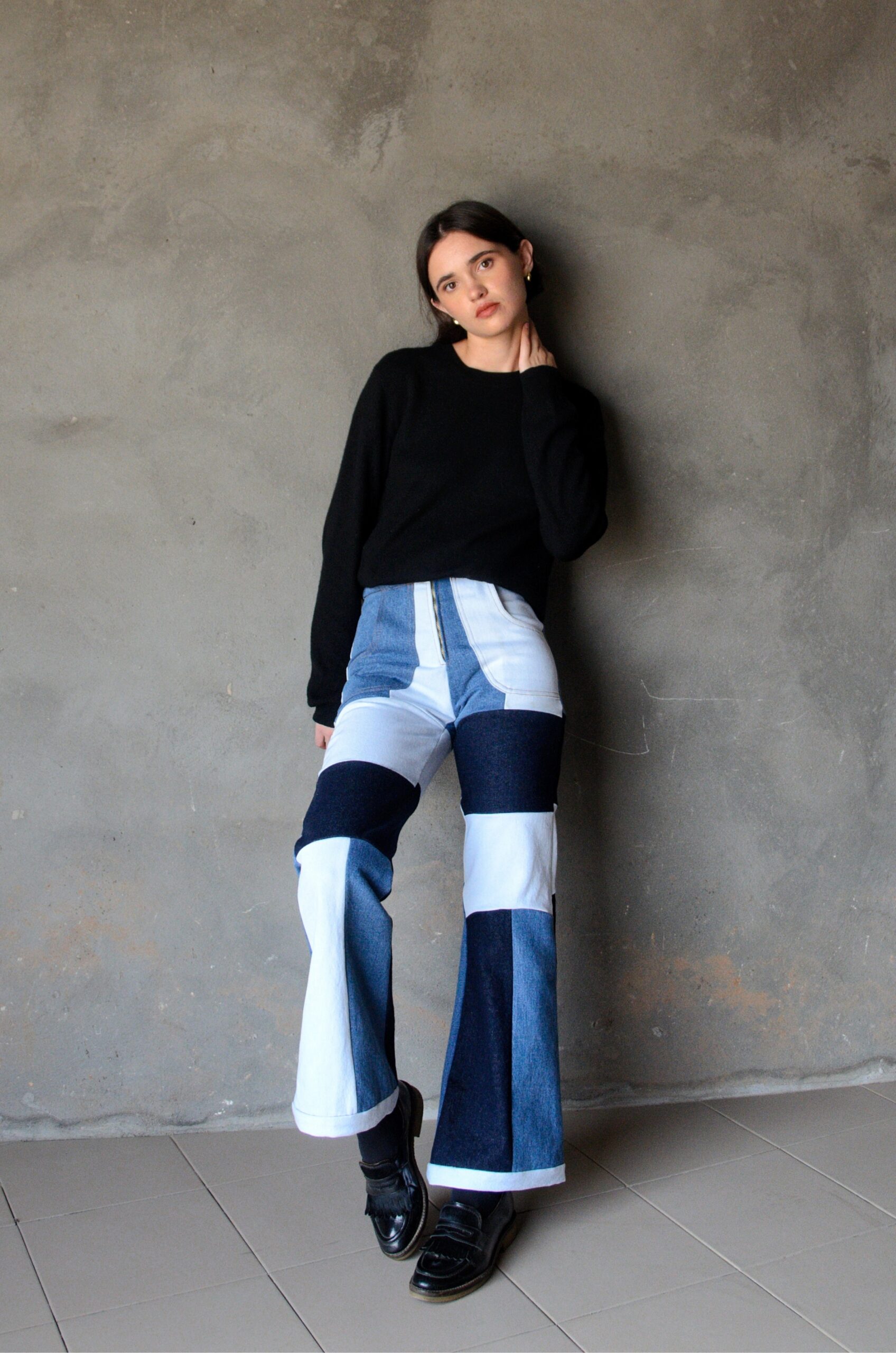 Pantalon Bemiray en denim patchwork, vue de face