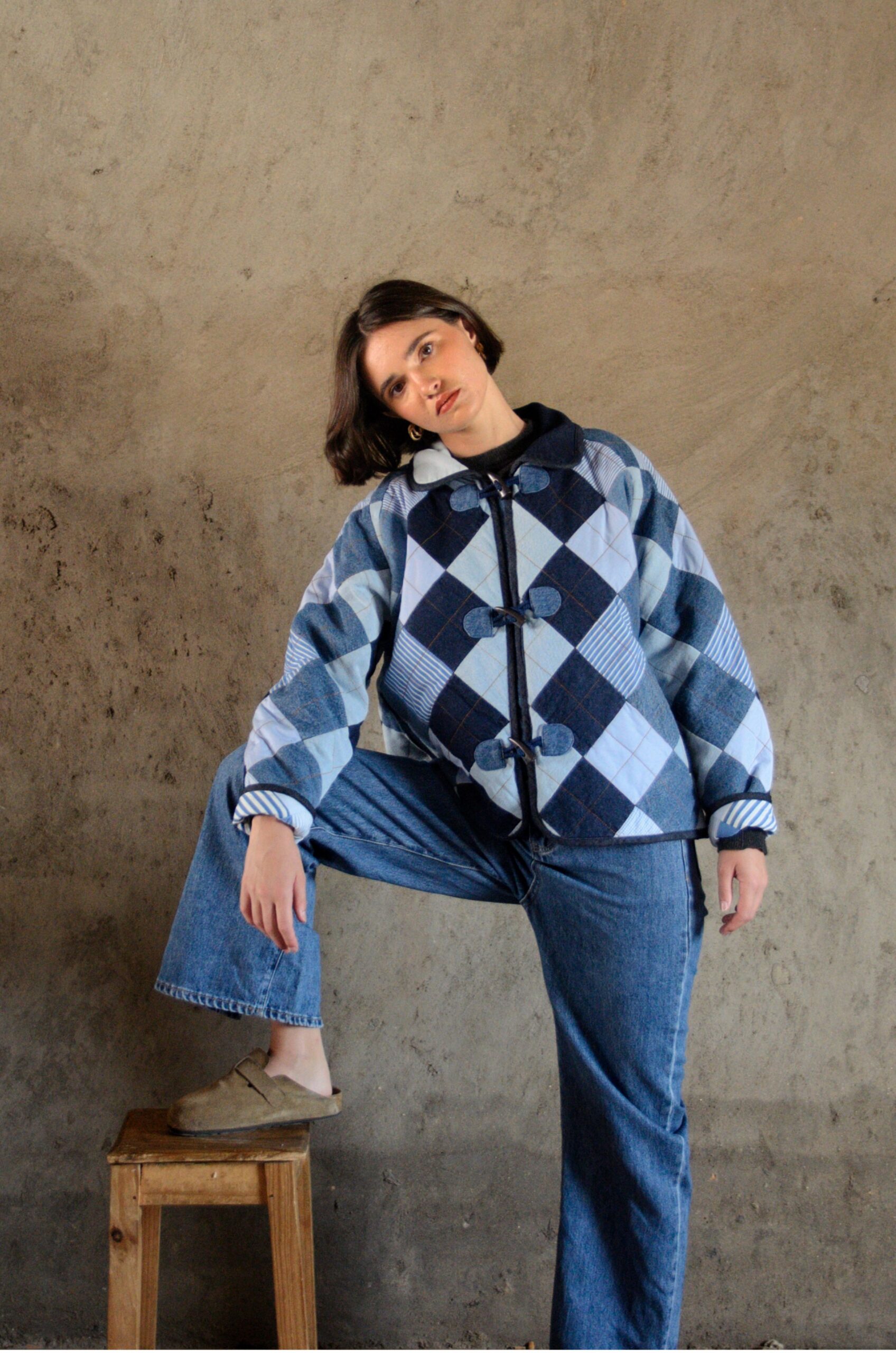 Antsa coat in blue quilted denim front viewAntsa coat in blue quilted denim front view