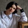 Close-up of Cleo white shirt double crochet collar