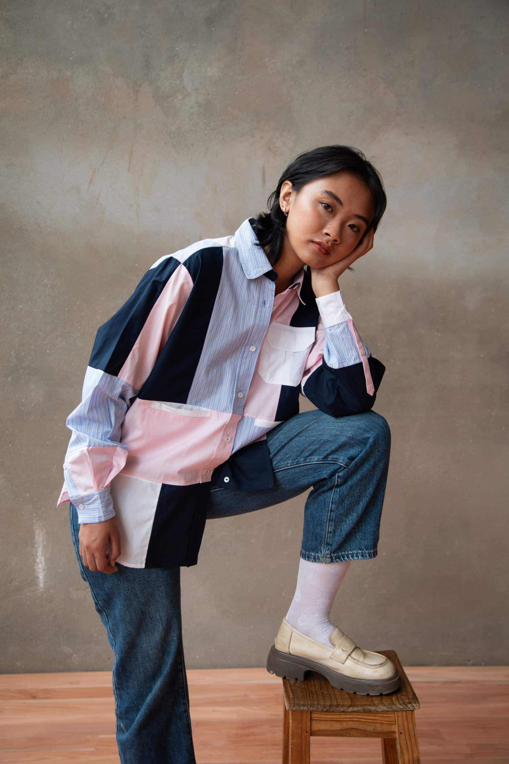 mirana patchwork pink striped shirt worn portrait seconde main