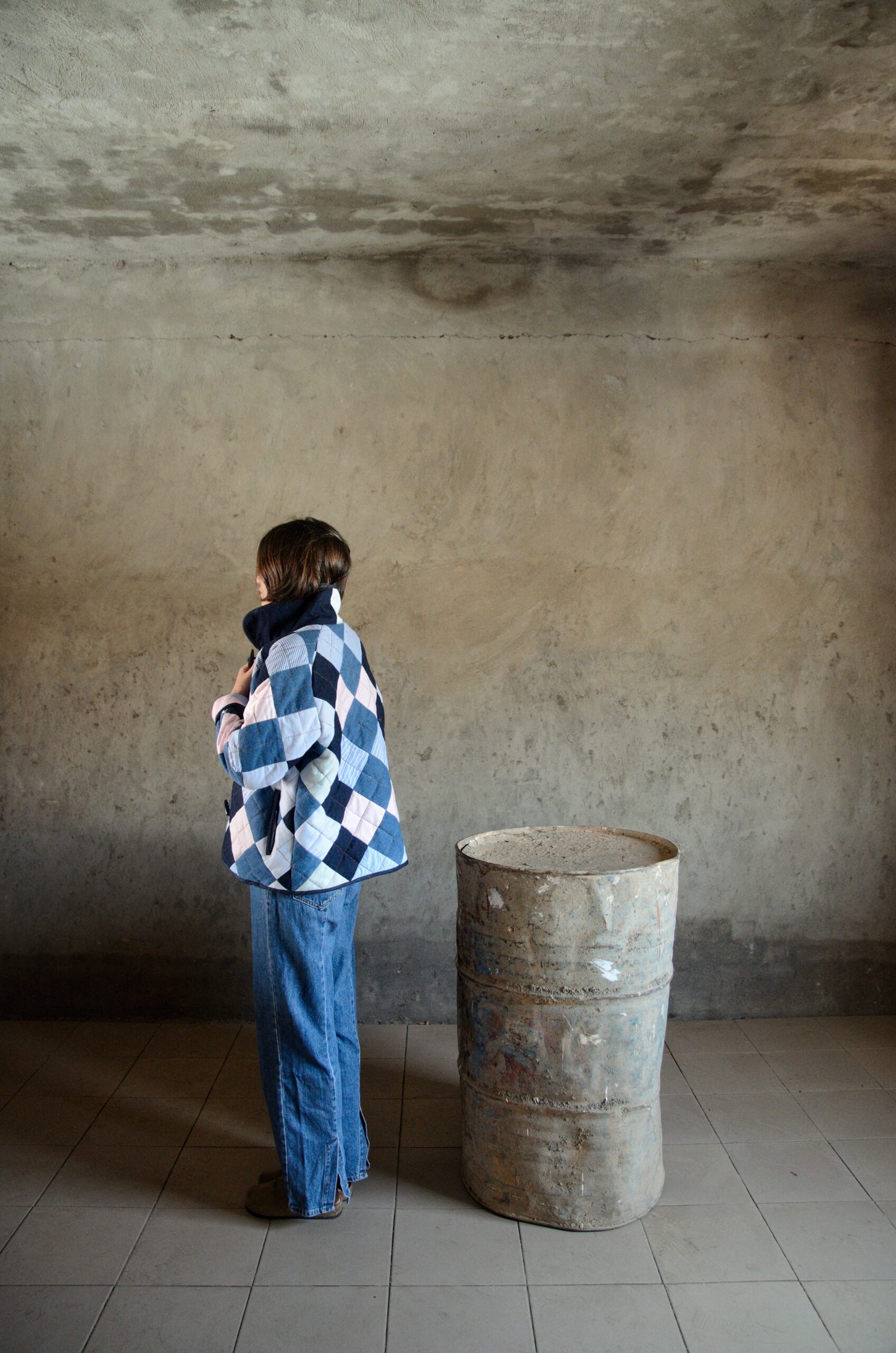 Antsa quilted denim coat pink back view