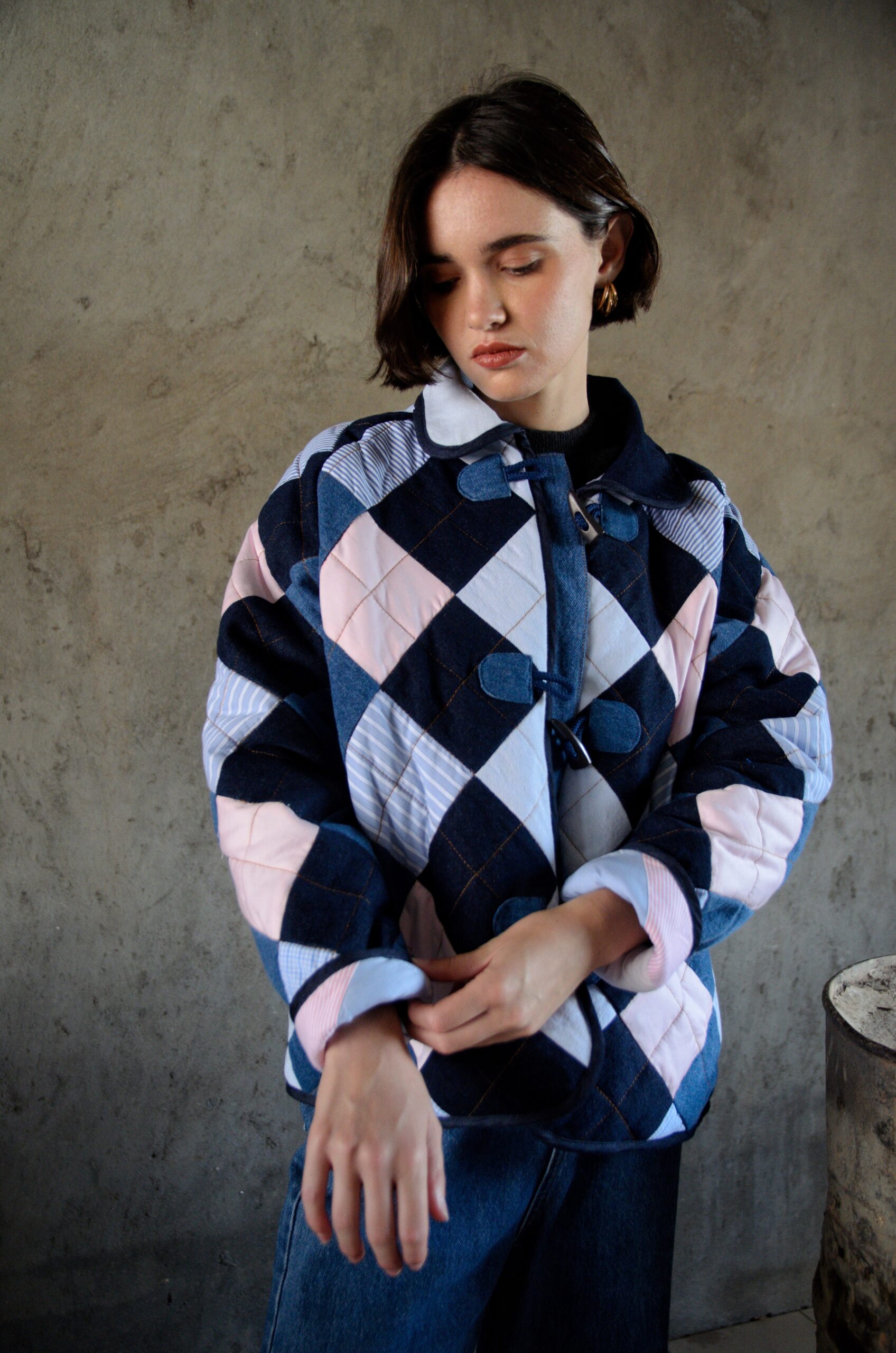 Antsa quilted denim coat pink patchwork detail