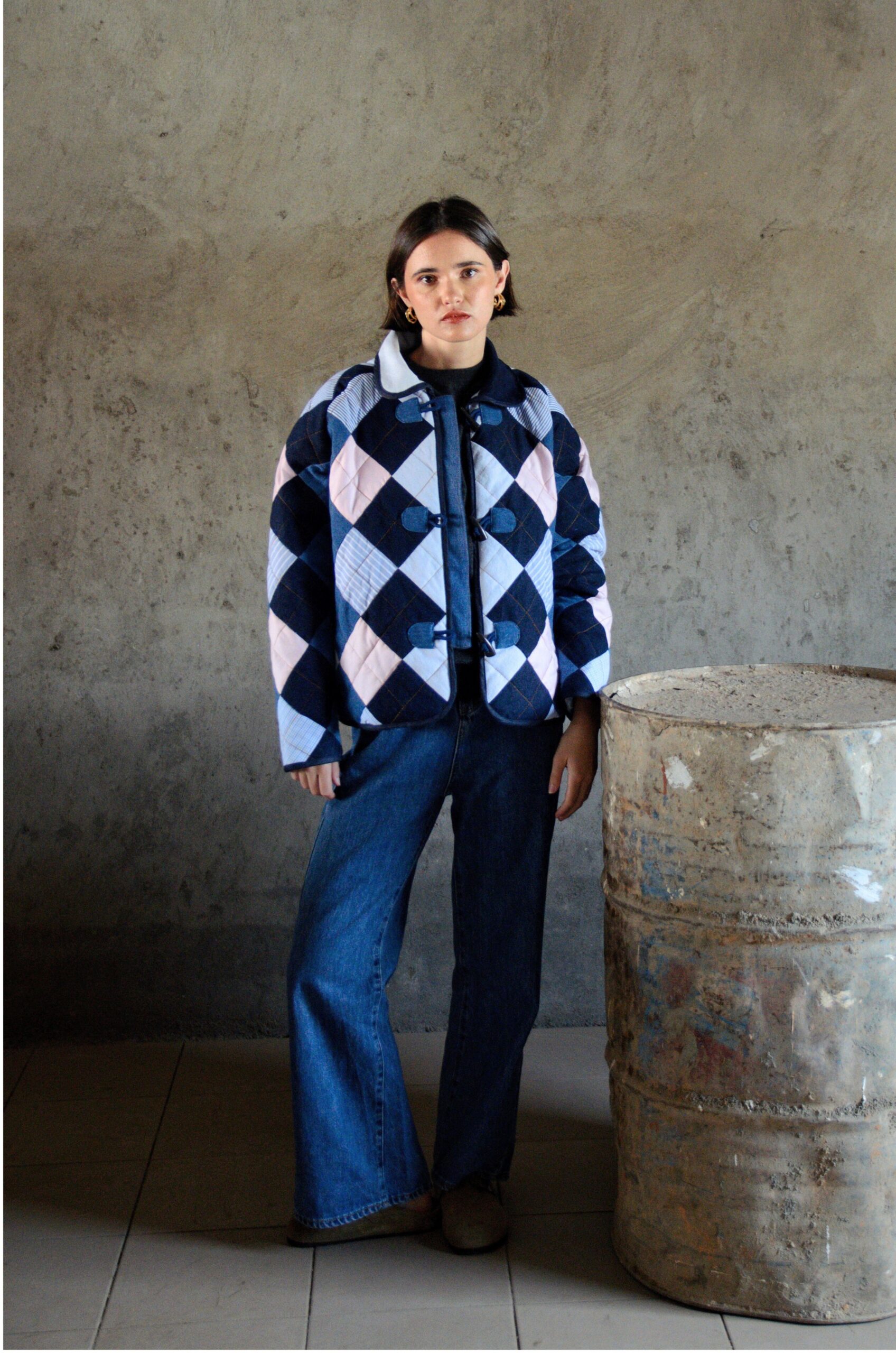 Antsa quilted denim coat pink front view