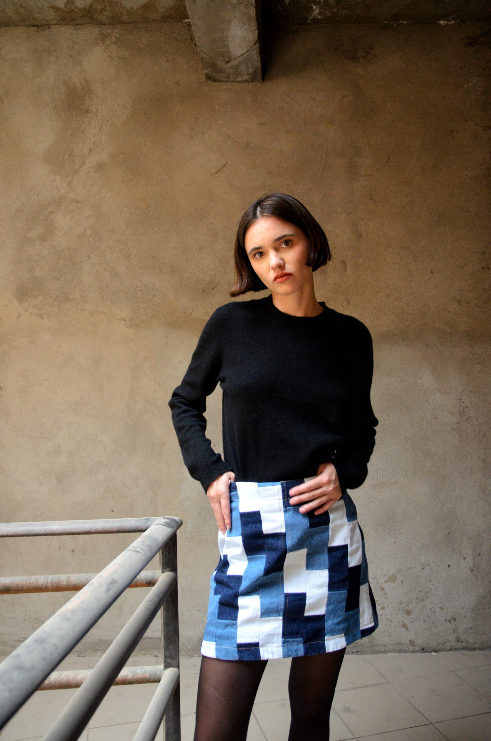 Biriky patchwork denim skirt, front view