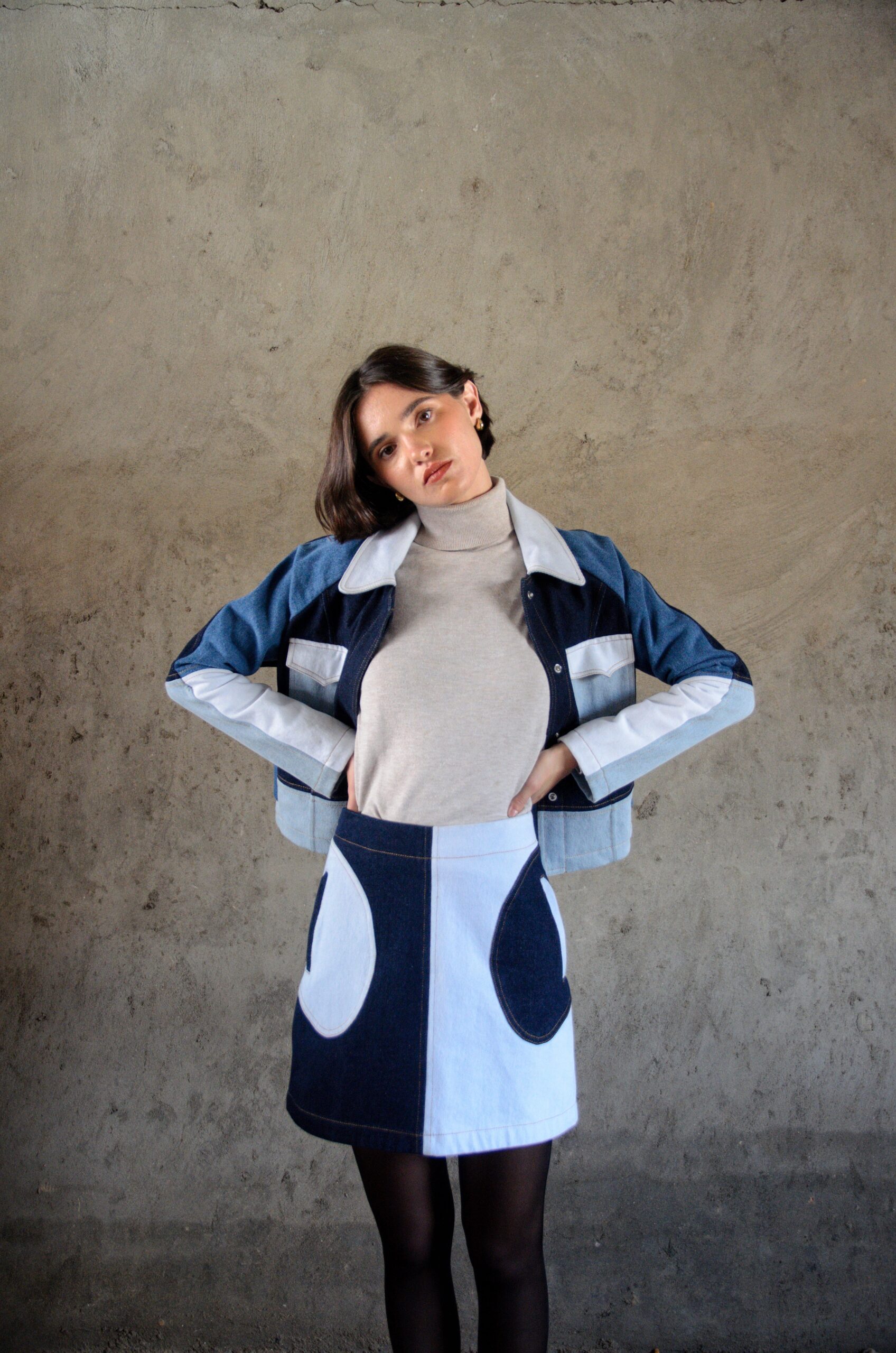 Jupe Lily en denim patchwork, vue de face