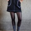 Tantely skirt in black denim front view with contrast stitching and crochet details